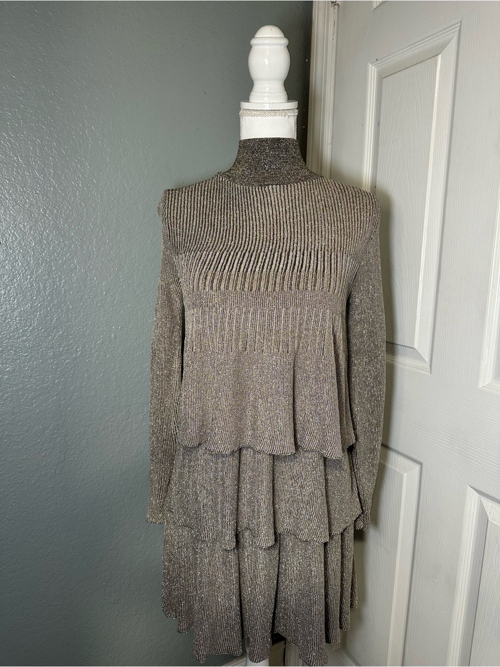 Zara Knit High Neck Metallic Thread Layered Dress